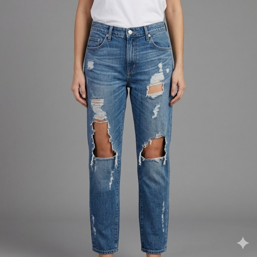 Lovers‎ + Friends Ezra Distressed High Rise Relaxed Straight Leg Jeans 30 Blue